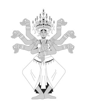 Multi-armed Balinese dancer in traditional costume line art character. Hindu Goddess. Indonesian Saman dance performer with mudras isolated vector outline person. Black and white spot illustration
