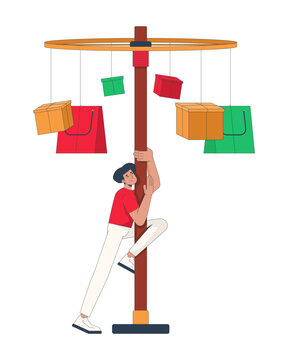 Man climbing pole in traditional Indonesian Independence Day game 2D cartoon character. Southeast asian guy trying to reach hanging prizes flat vector person isolated. Colorful spot illustration