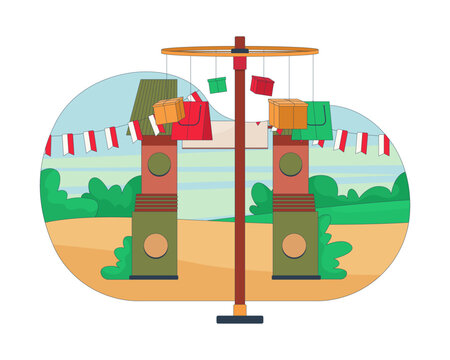 Panjat pinang prize pole with traditional village gate 2D vector illustration. Indonesian flags Independence Day celebration entrance flat scene isolated on white background. Colorful cartoon image