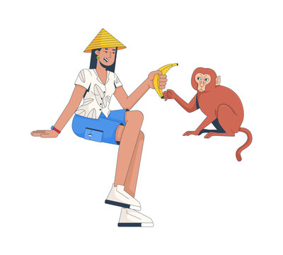 Indonesian woman feeding macaque banana 2D cartoon character. Ecotourism experience. Southeast asian girl offering wild monkey fruit flat vector person isolated on white. Colorful spot illustration