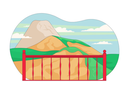 Mountain landscape with scenic viewpoint 2D vector illustration. Lookout with safety railing. Outdoor tourism. Indonesia natural beauty flat scene isolated on white background. Colorful cartoon image