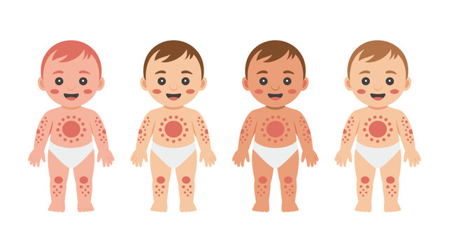 Medical illustration showing four babies of different ethnicities with red rashes or spots, possibly chickenpox or measles.