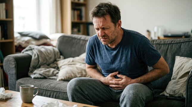 A man sits hunched on a gray sofa, clutching his stomach and grimacing in pain. He wears a dark t-shirt and gray sweatpants.
