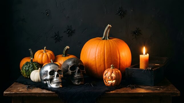 Halloween tabletop decor with pumpkins, skulls, and candle on dark background