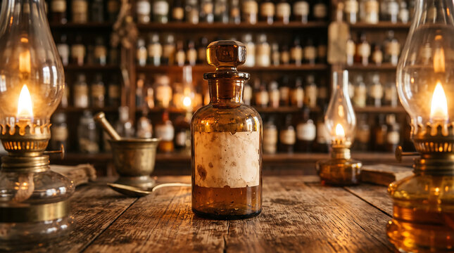 Amber glass apothecary bottle with blank label standing on rustic wooden table surrounded by vintage oil lamps and antique medicine containers in dimly lit chemist pharmacy store.