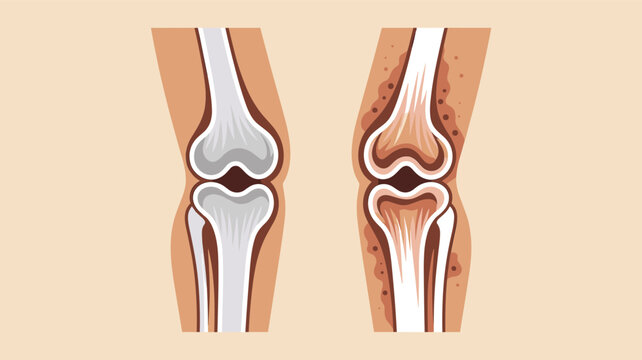 Medical comparison diagram showing the difference between a healthy knee joint and one affected by arthritis or injury.
