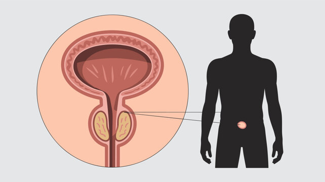 Anatomical diagram showing the position of the prostate gland and bladder within the male pelvic region for health.