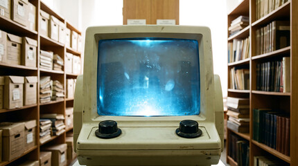 Fototapeta premium Vintage microfilm machine with glowing blue screen sits on wooden desk inside quiet library filled with stacks of document storage boxes and wooden bookshelves in background.