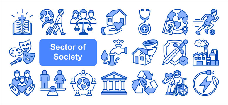 Sector of Society icon set, with Housing, Healthcare, Child Care, Eld.