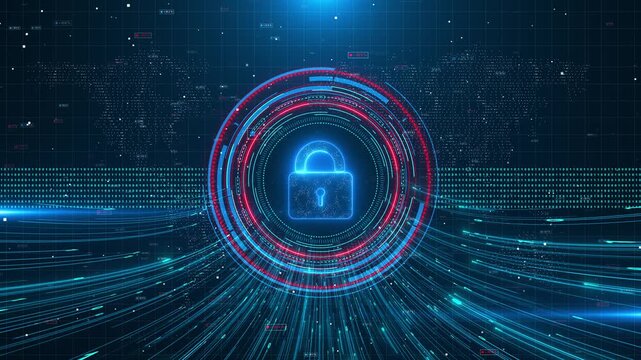 Cyber security lock interface glowing rings, world map dots, binary code, fast data lines. AI videos, network protection, privacy promos, software intros, hacker alerts, futuristic dashboard overlays.