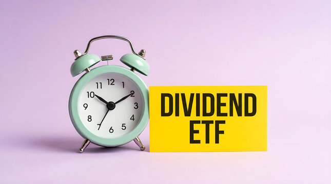 Alarm clock next to a yellow sign with the text dividend etf written on it