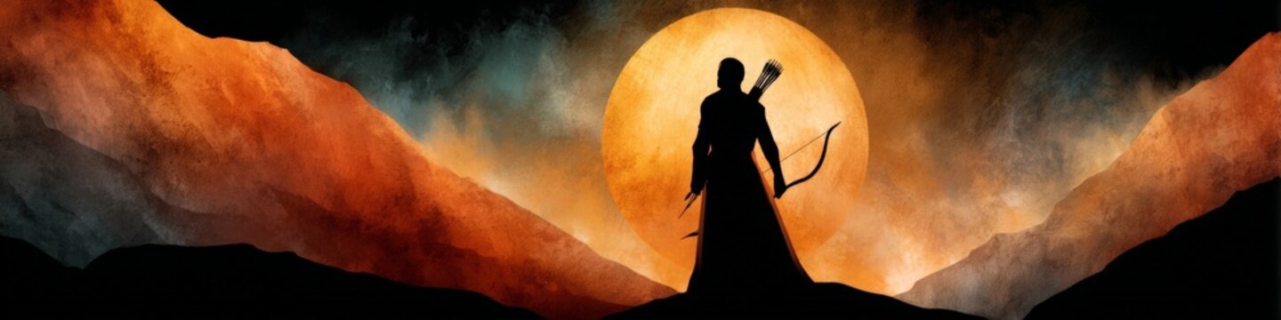 A heroic silhouette of a lone archer stands between towering stone ridges, framed by a glowing sun-calendar at dawn, evoking ancient resolve and celestial harmony.