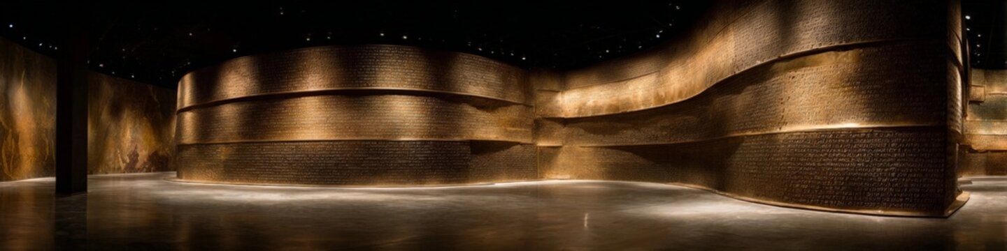 A panoramic wall of ancient cuneiform tablets arranged in layered strata, illuminated by warm light against a dark background, evoking a monumental archive of historical knowledge.