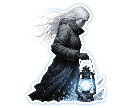Mysterious woman holding an antique lantern in the dark. Ethereal ghostly figure with eerie glow, vintage horror illustration.