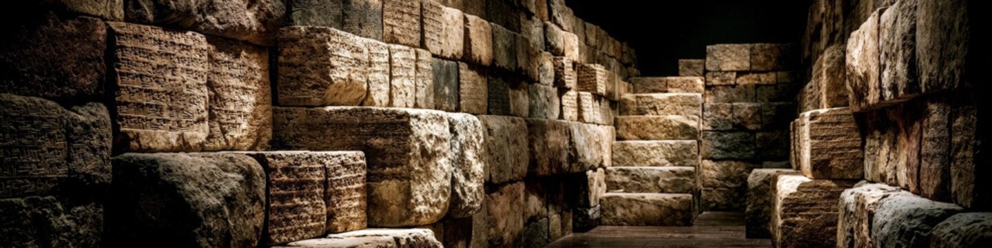 A panoramic stone wall of ancient cuneiform tablets arranged like geological layers, illuminated by warm light in a monumental archaeological setting.