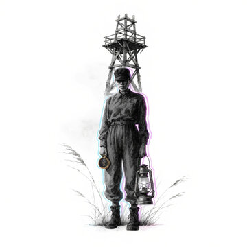 Mysterious figure holding lantern in eerie field. Dark silhouette with ghostly tower backdrop, vintage horror illustration.