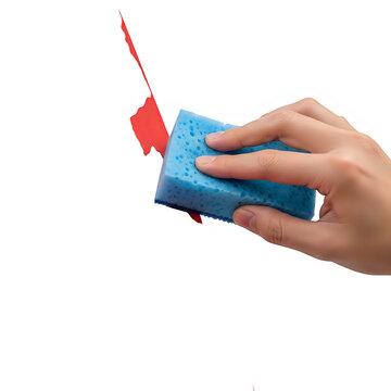 A hand using a blue sponge to erase red paint 