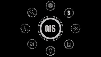 G I S concept with for geographic information system technology symbols black background © Sadik Stock