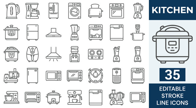 Kitchen Appliances Line Icon Set. 35 Editable Stroke Icons of Home Cooking Electronics, Refrigerator, Coffee Maker, Oven, Microwave, Blender, Air Fryer, and Smart Houseware, Vector Symbols.