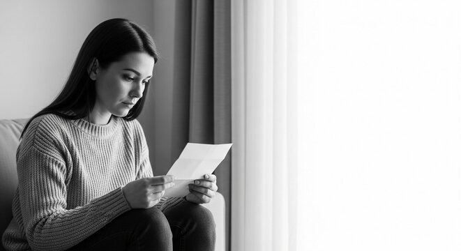 A woman intently reading an emotional letter, holding the paper while seated near a window, bathed in soft light.