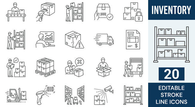 Inventory Line Icon Set. 20 Editable Stroke Icons of Warehouse Management, Supply Chain Logistics, Stock Control, Barcode Scanner, Delivery Truck, Forklift, and Package Storage, Vector Symbols.