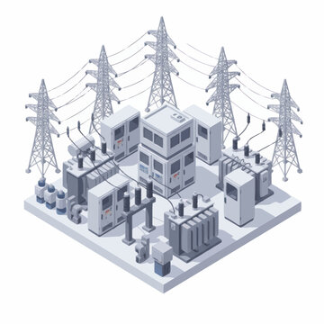 Isometric view of electrical substation with power lines.