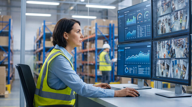 Warehouse logistics monitoring security control room surveillance manager working computer monitors inside distribution center