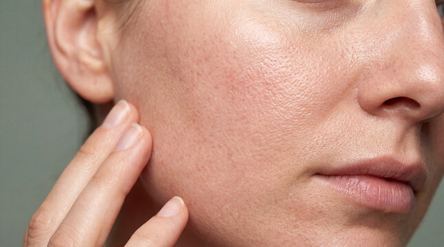 Skin texture cheek facial redness pore woman closeup portrait, natural complexion with mild irritation and calm mood