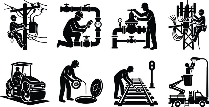 Utility infrastructure maintenance worker stick figure pictogram icon set showing electrician plumber lineworker cell tower technician and bucket truck