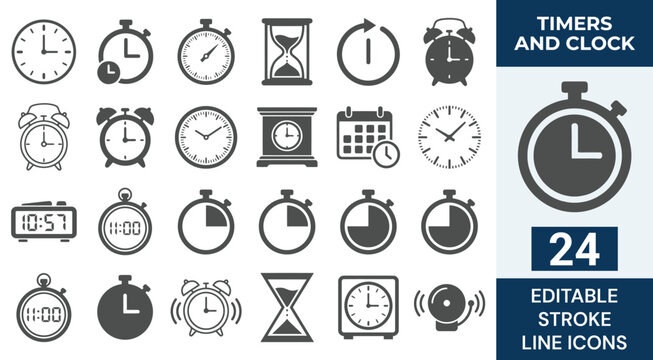 Timers and Clock Line Icon Set. 24 Editable Stroke Icons of Time Tracking, Countdown, Stopwatch, Chronometer, Alarm, Hourglass, Calendar, and Schedule Management, Vector Outline Symbols.