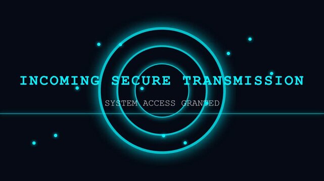 Secure transmission, glowing blue circles and dots on black background, system access granted message, futuristic technology interface, seamless loop, symbolizing data security and communication