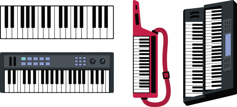 Electronic Keyboard and Synthesizer Vector Icon Set with Midi Controllers Keytars and Digital Piano Instruments for Music Production Apps and Studio Poster Designs