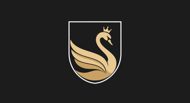 A shield emblem features a swan wearing a crown with stylized wings on a black background