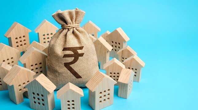 Indian rupee money bag surrounded by wooden toy houses, real estate investment concept in India, property market and mortgage loan concept