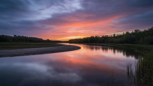 River bend timelapse reflections changing with the sky color gentle ripples shifting across