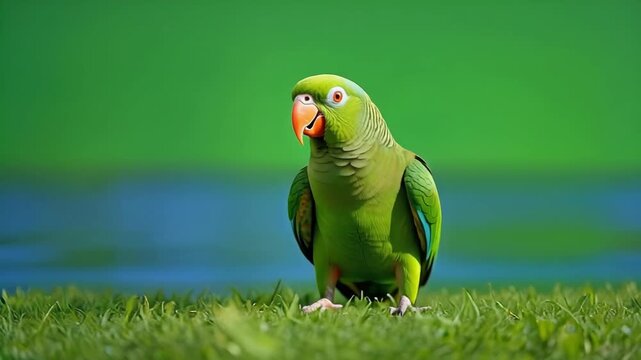 Green parrot perched on grass with soft focus background during daylight