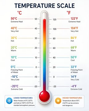 Temperature scale infographic with thermometer celsius and fahrenheit comparison temperature thermometer fahrenheit measurement scientific