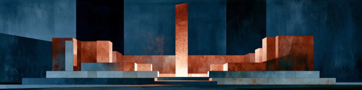 A symbolic representation of a foundational monument with a glowing cuneiform pillar rising from geometric stone blocks in a stylized mural design.