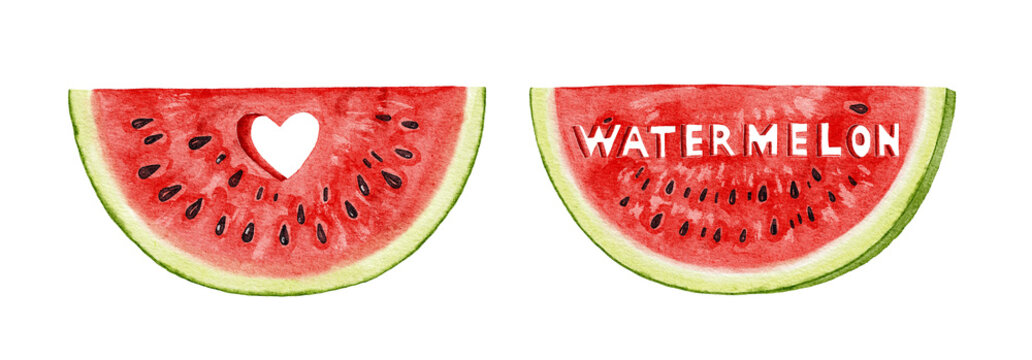 Two watercolor watermelon slices: one with a heart cutout, the other with the word &ldquo;WATERMELON&rdquo; cutout.