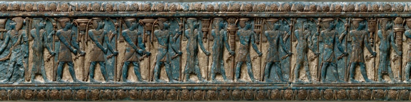 A detailed ancient relief frieze depicting stylized figures in ceremonial procession, featuring blue stone, bronze, and sand tones with rosette borders and carved texture.