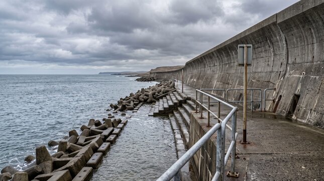 Modern flood protection infrastructure illustrating climate resilience, coastal engineering, environmental planning and insurance risk communication.