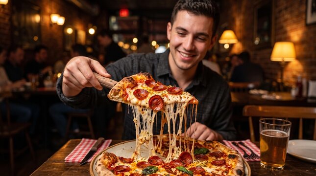 Man eating large cheesy pizza in a restaurant with warm lighting.