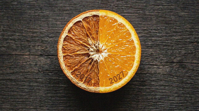 Orange slice showing rejuvenation concept with past and future year labels