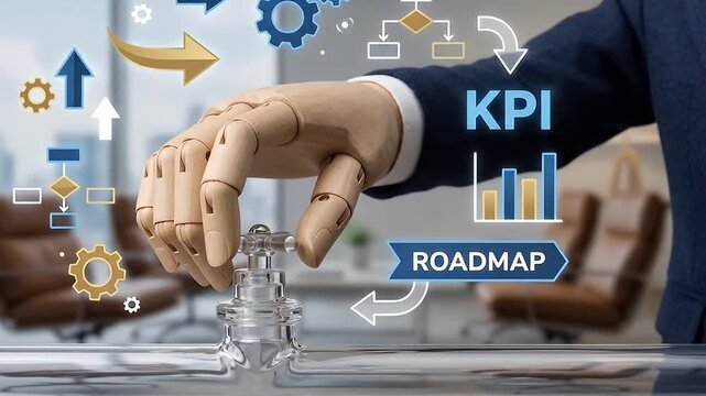 Wooden hand turning valve handle with business icons KPI roadmap concept gear arrow icon symbolizing control strategy growth planning process management success