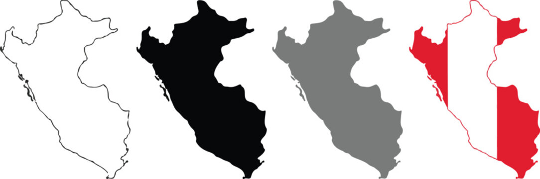 Peru map silhouettes, national outline and flag styled geography symbols for tourism branding educational graphics and printable artwork today