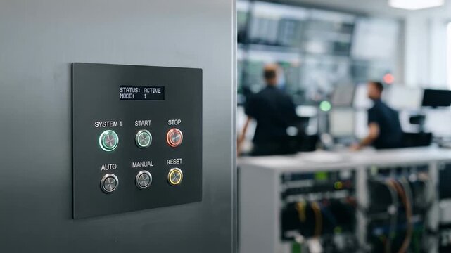 Control panel illuminated buttons system status active modern industrial technology equipment with blurred background operators working on computers professional focused atmosphere