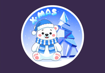 Vector round sticker. Cute little cartoon sitting white polar bear wearing warm blue cap and scarf. Ice spruce. Snowy cold north pole. Merry Christmas, Happy New Year. Holiday decal. Northern animal © GAlexS