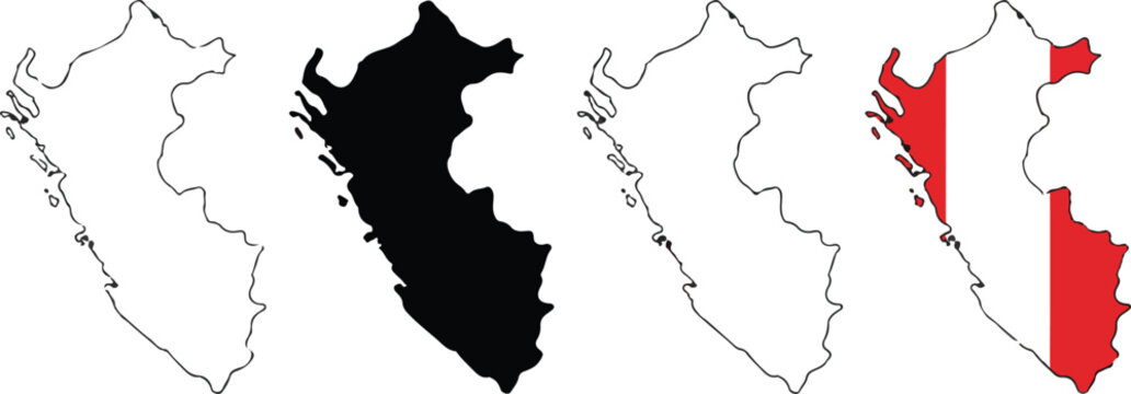 Peru map icons, outline silhouette and patriotic map designs for travel branding education and creative design projects today together