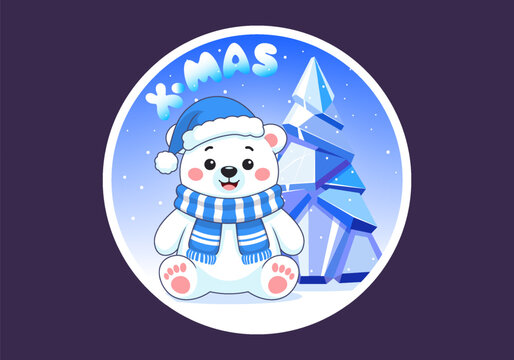Vector round sticker. Cute little cartoon sitting white polar bear wearing warm blue cap and scarf. Ice spruce. Snowy cold north pole. Merry Christmas, Happy New Year. Holiday decal. Northern animal