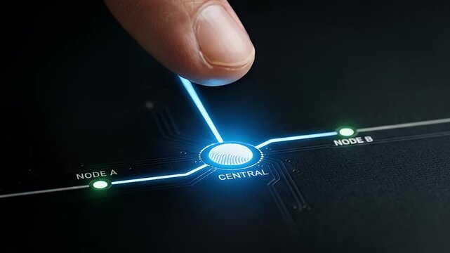 Finger touching digital fingerprint scanner on futuristic interface with glowing nodes connecting central node and node B, symbolizing secure network technology and touch control data flow